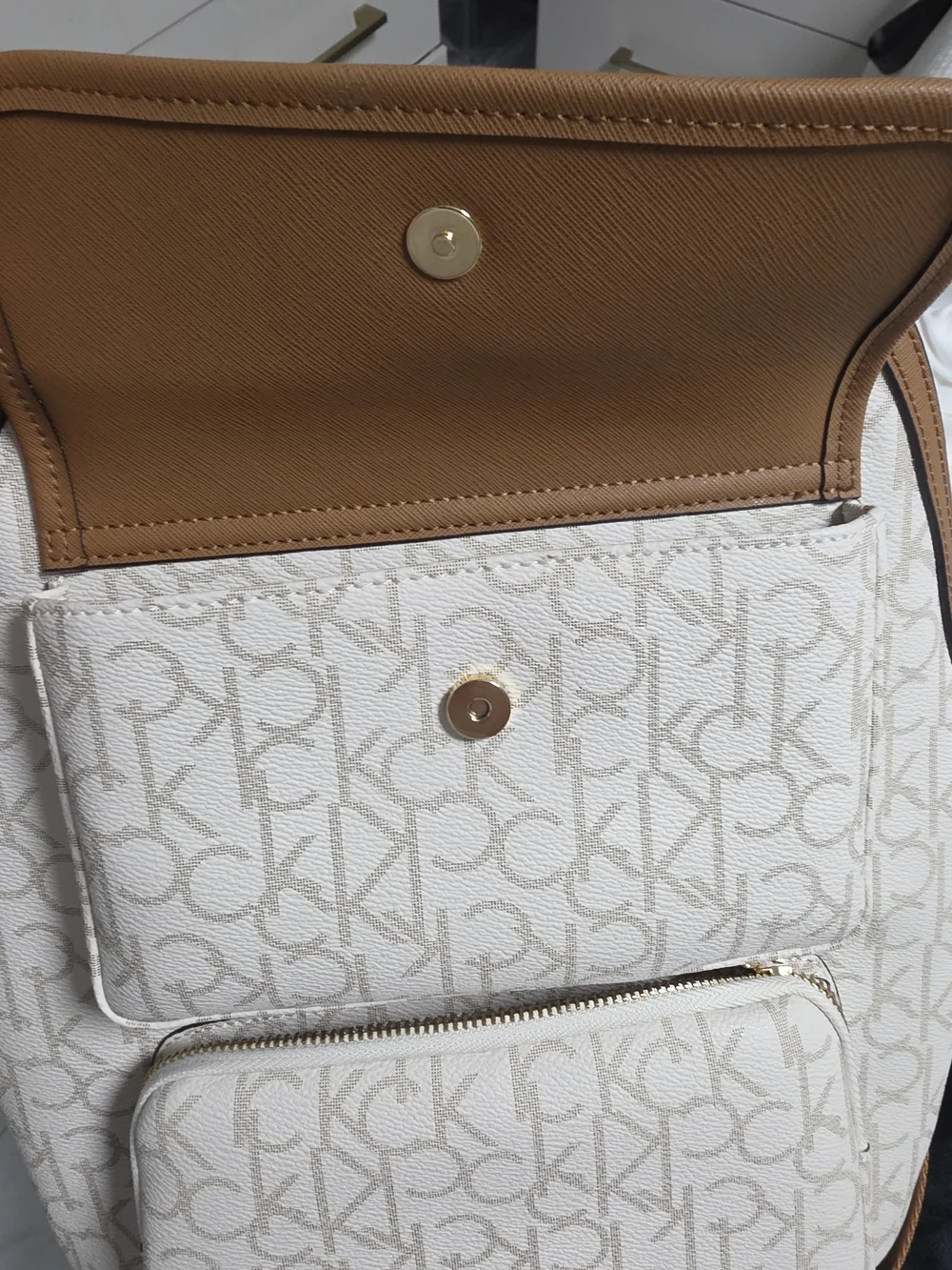 Calvin Klein Cream and Tan Logo Backpack